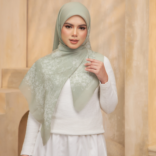 Floral Serenade Premium Cotton Voile Bawal- Moss Green