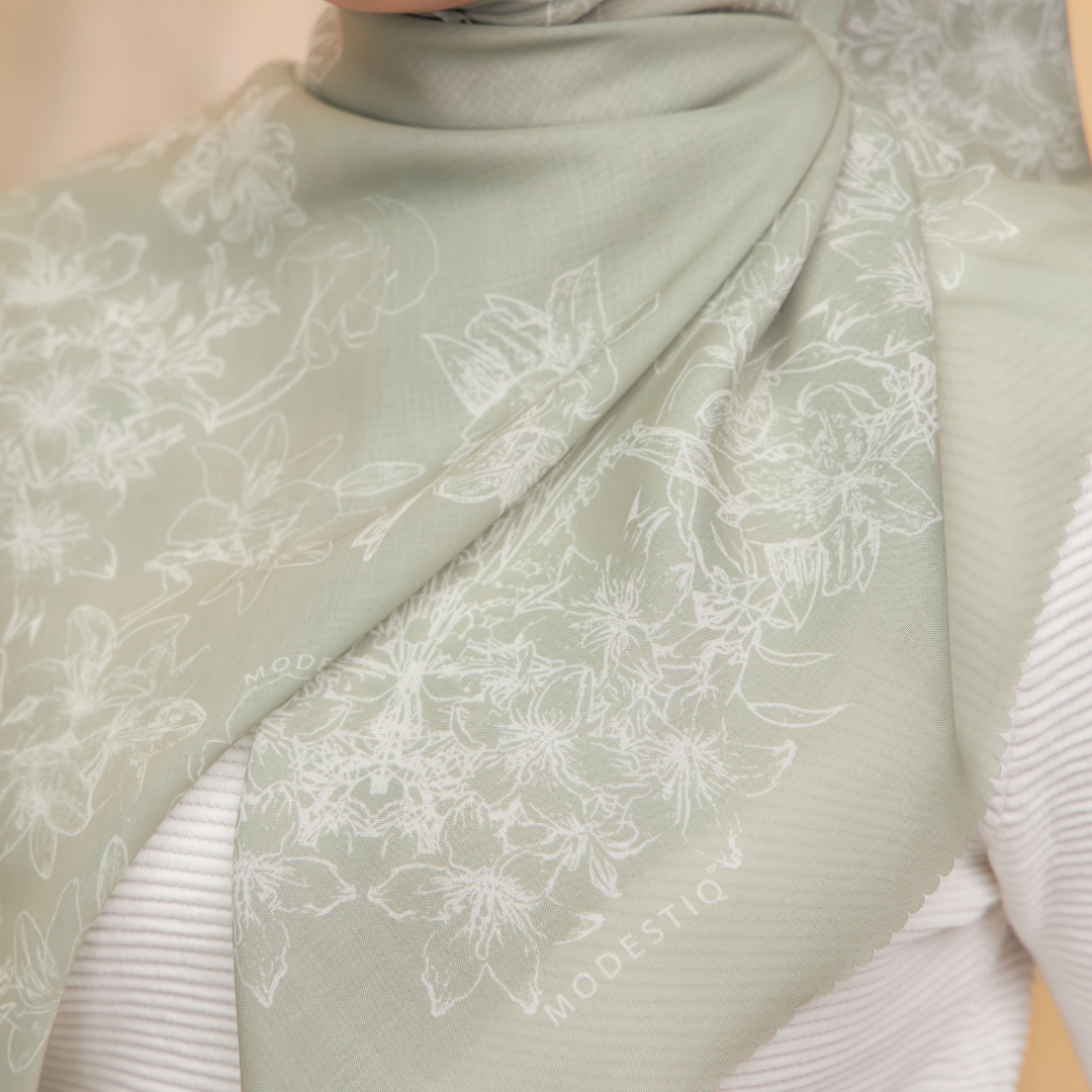 Floral Serenade Premium Cotton Voile Bawal- Moss Green