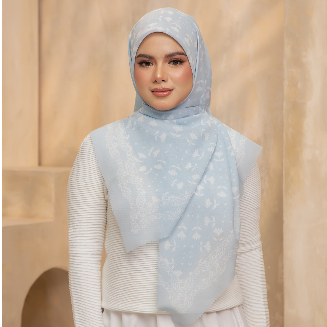 Whispering Breeze Premium Cotton Voile Printed Square - Maya Blue