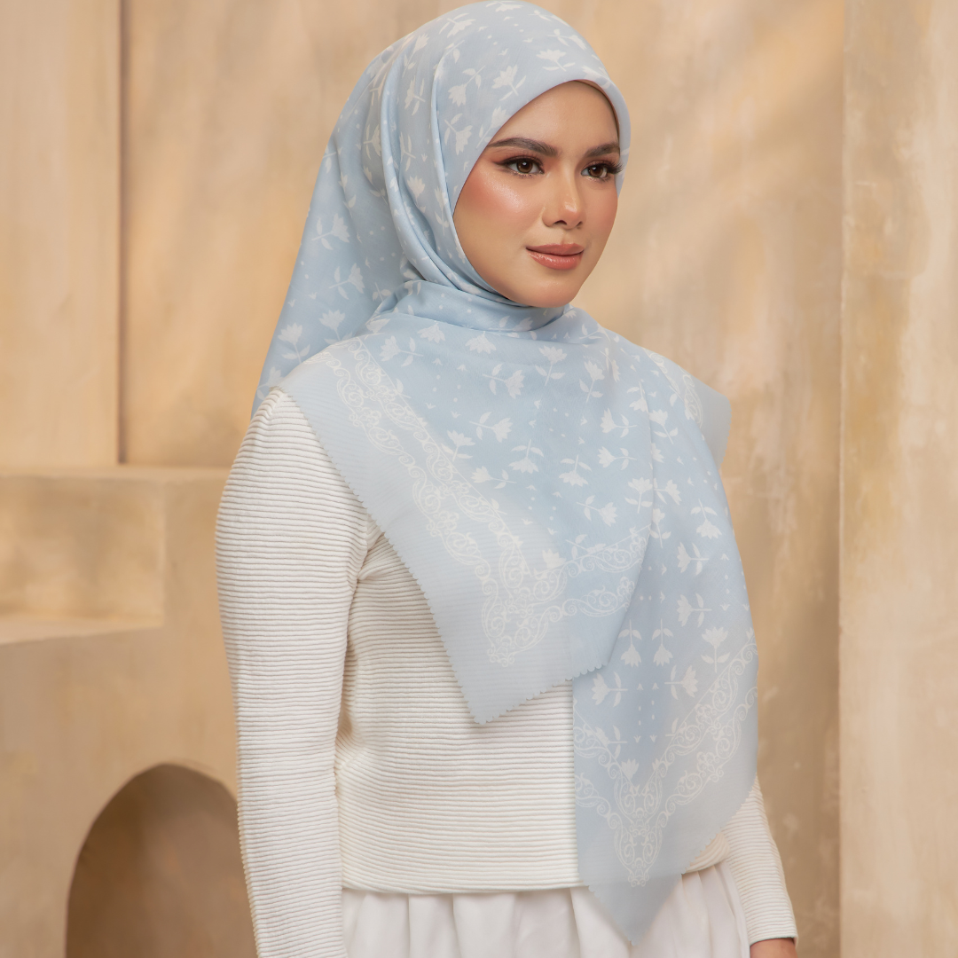 Whispering Breeze Premium Cotton Voile Printed Square - Maya Blue