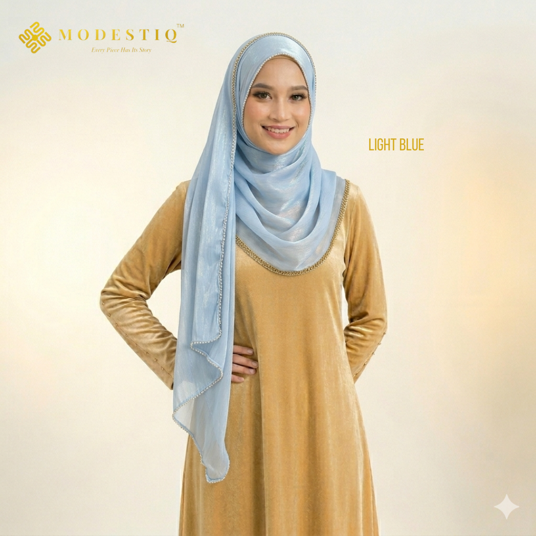 Zayra Gold Chain Organza Shawl in Light Blue