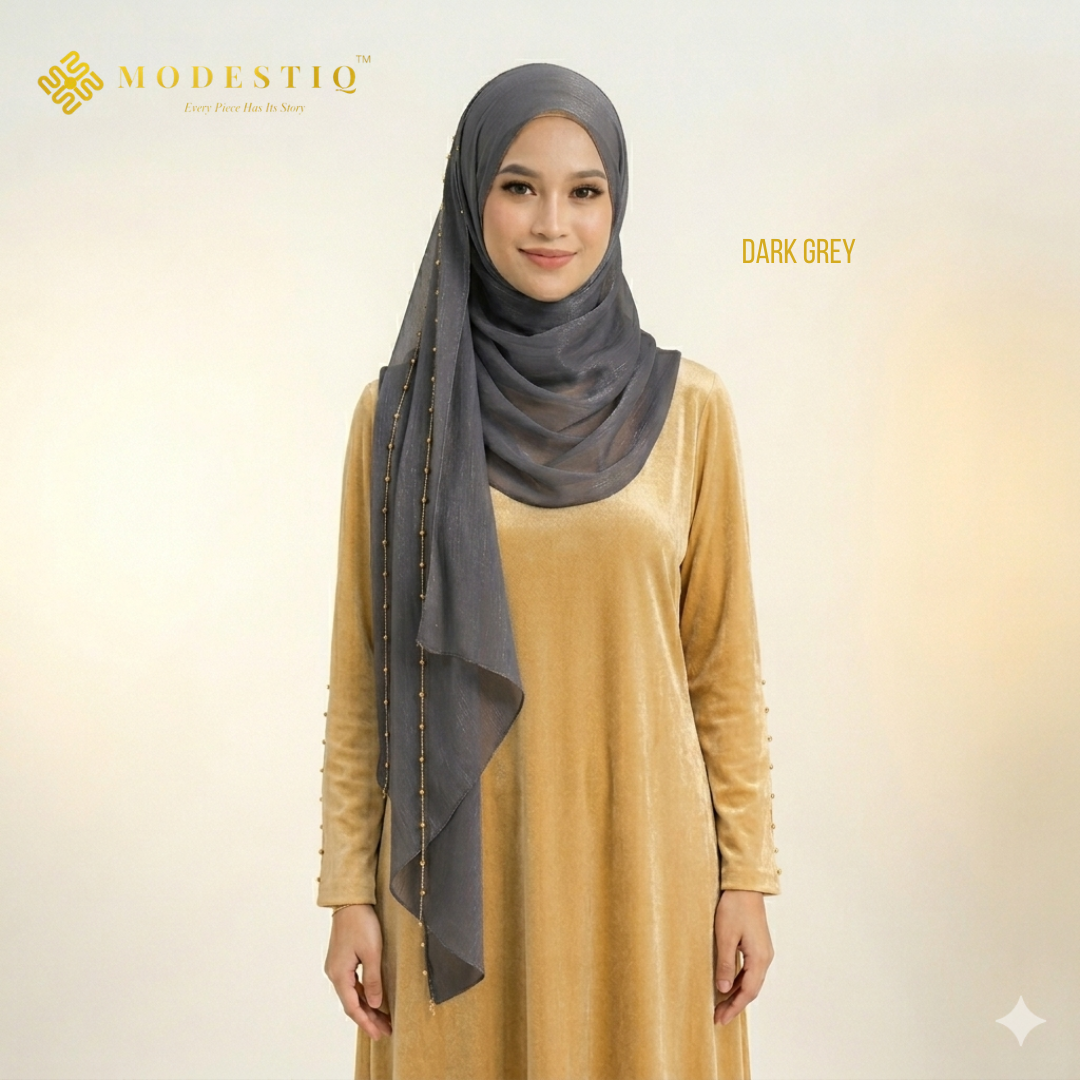 Zayra Gold Chain Organza Shawl in Dark Grey