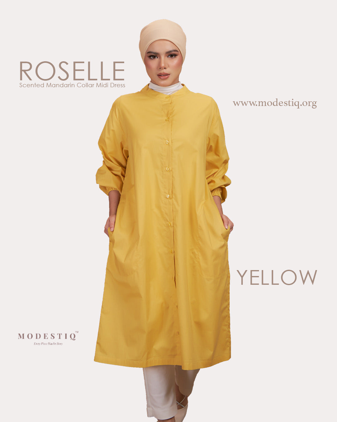 Roselle Scented Mandarin Collar Midi Dress in Yellow