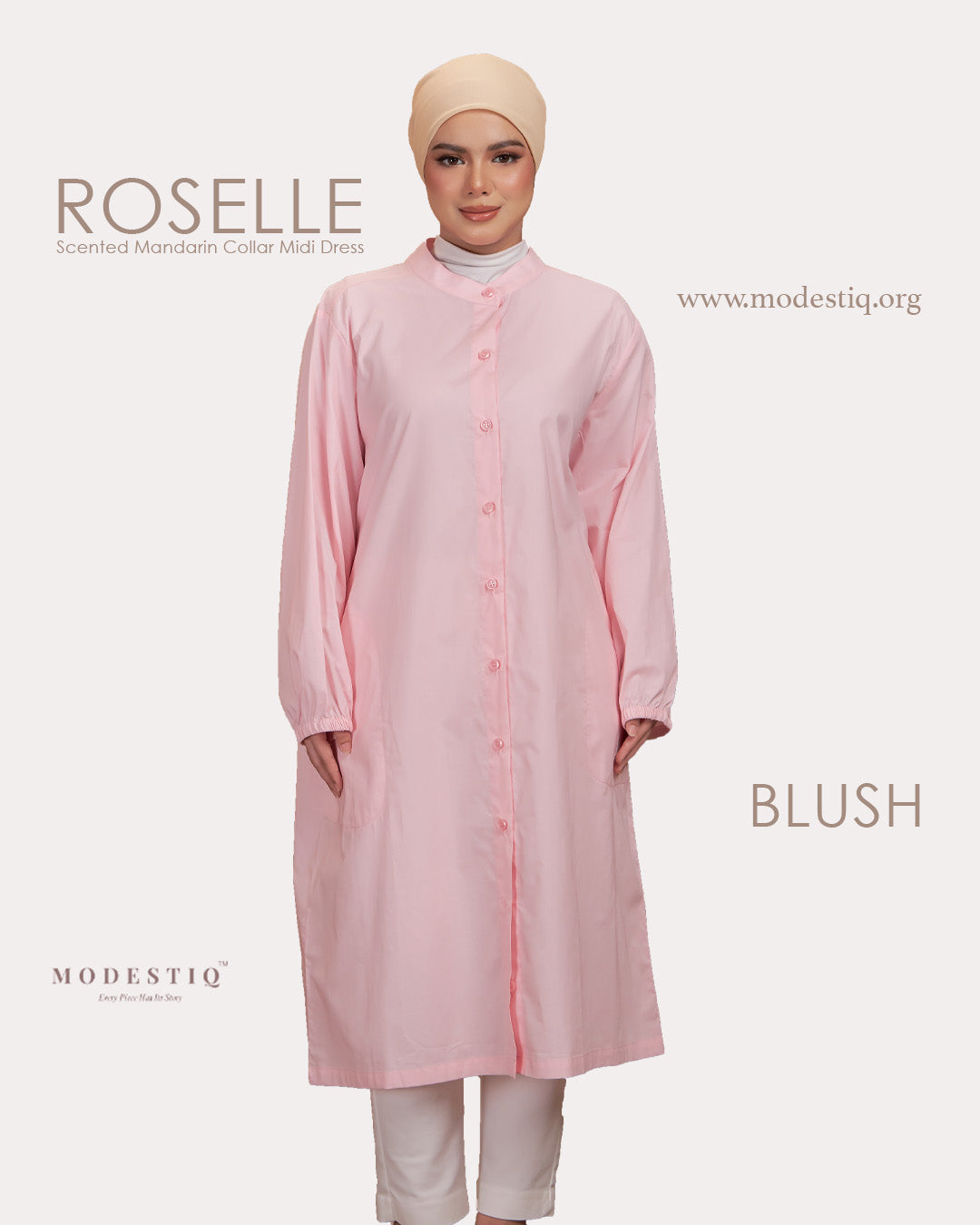 Roselle Scented Mandarin Collar Midi Dress in Blush
