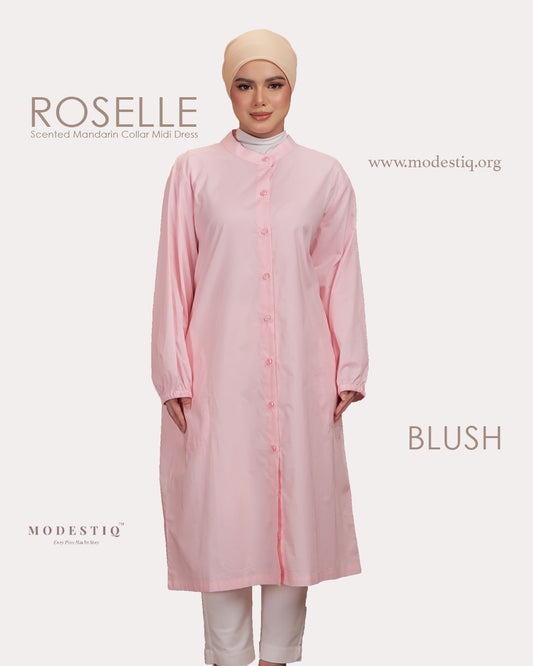 Roselle Scented Mandarin Collar Midi Dress in Blush
