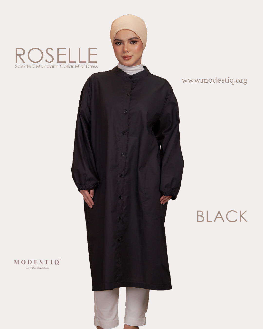 Roselle Scented Mandarin Collar Midi Dress in Black
