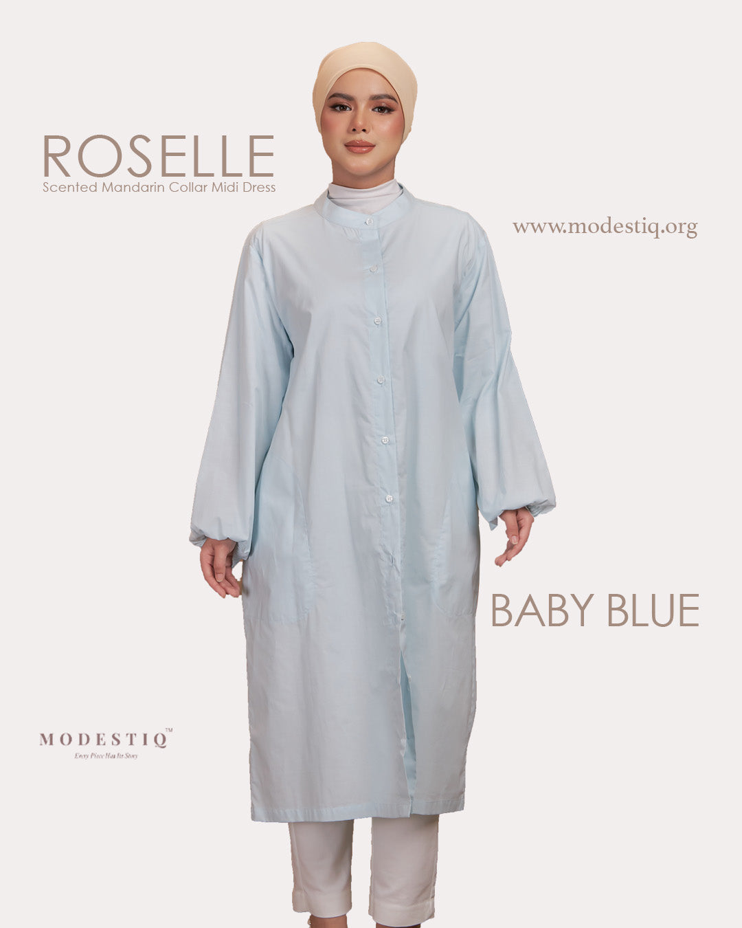 Roselle Scented Mandarin Collar Midi Dress in Baby Blue